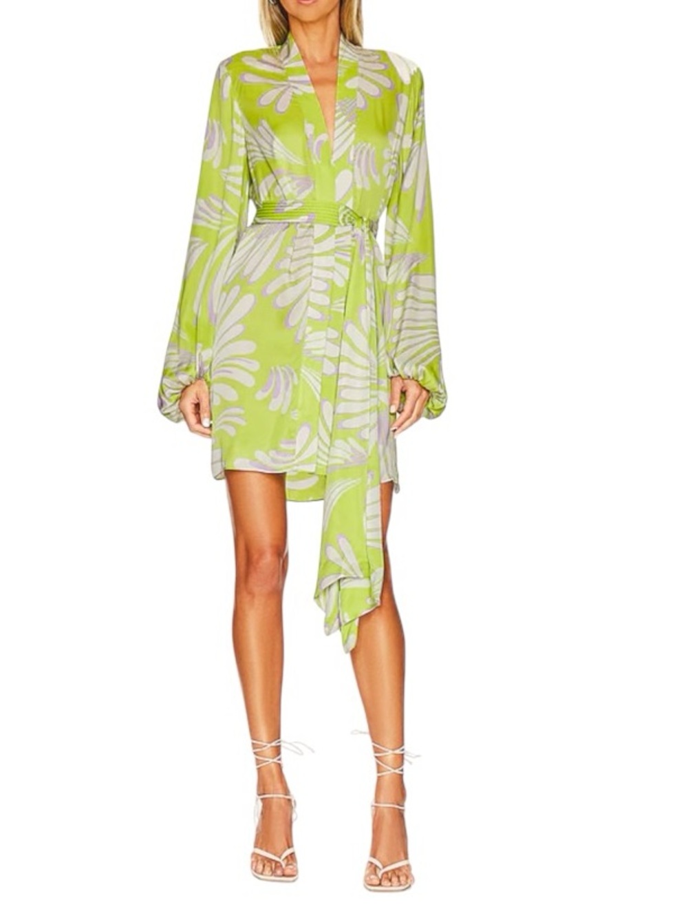 Alexis Karine Mini Wrap Dress Bliss Lime Green Abstract Floral Satin Size S $396 - Picture 7 of 16
